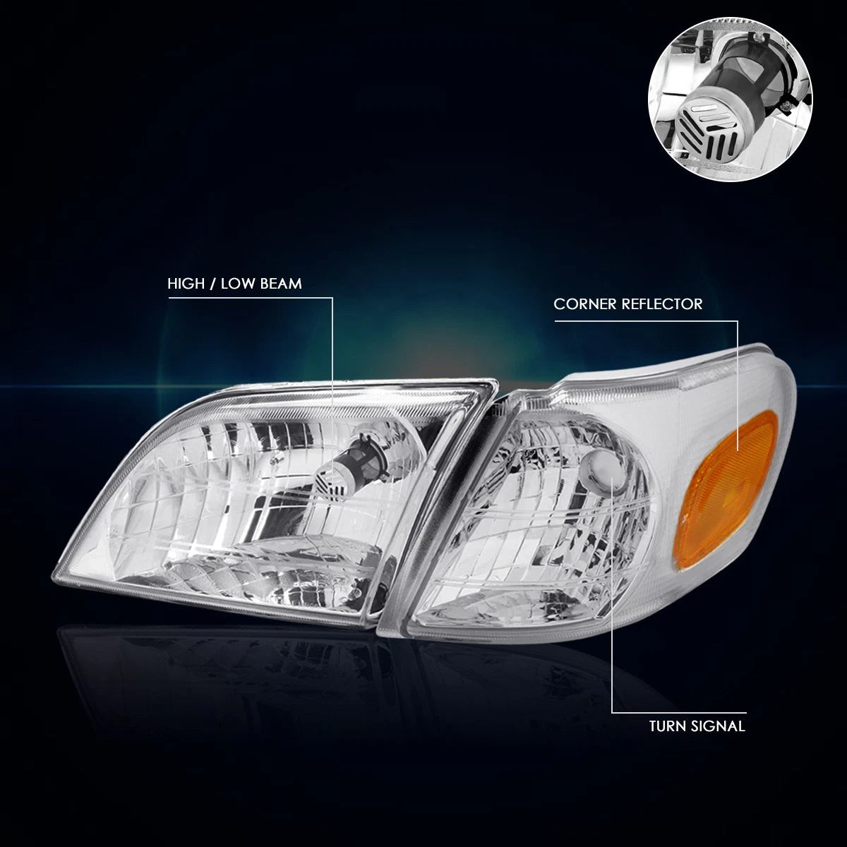 Chrome Housing Amber Corner Signal Headlight Lamps Pair for Chevy Venture (1997–2005)