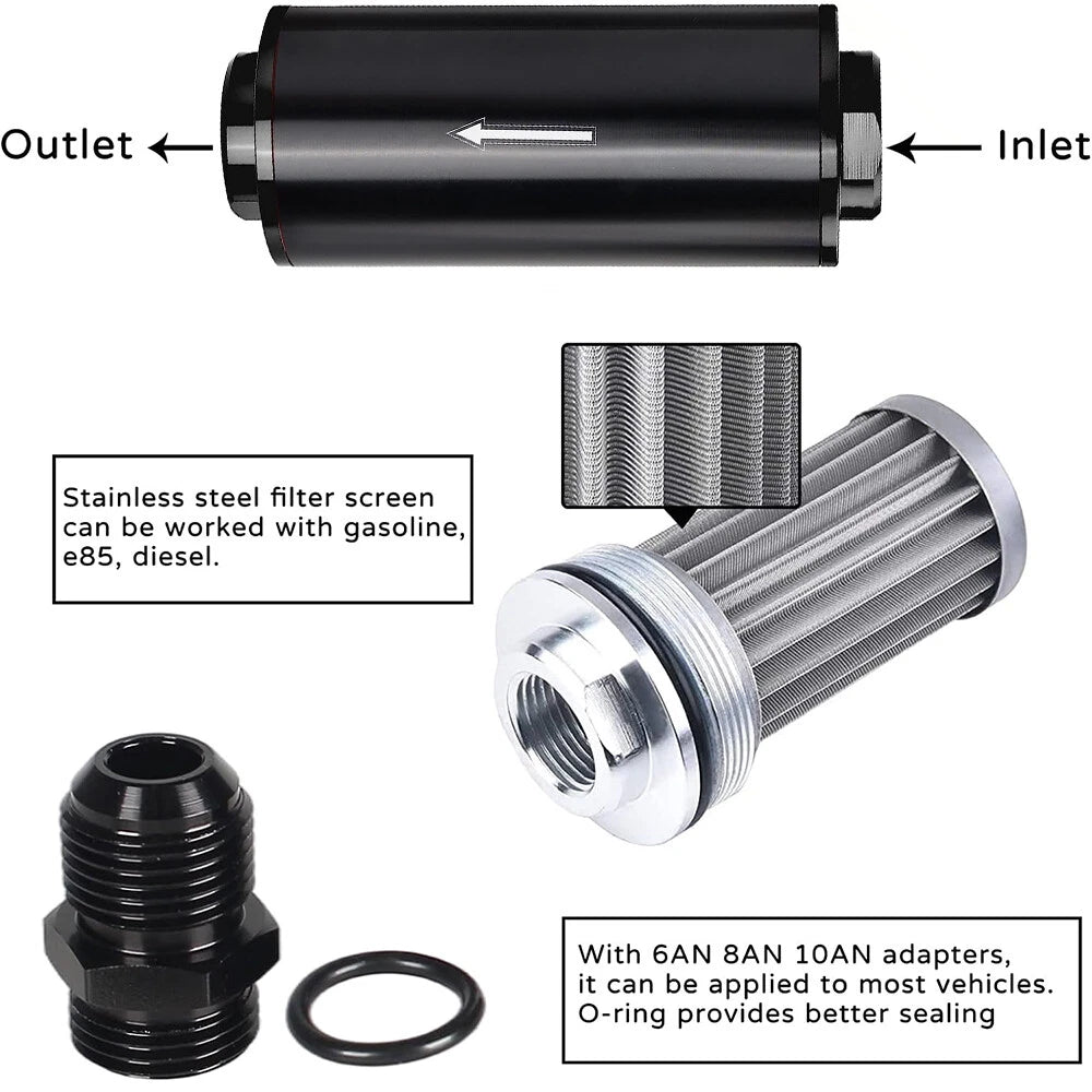 10 Micron Inline Fuel Filter with 6AN 8AN 10AN Adapter for Universal Use