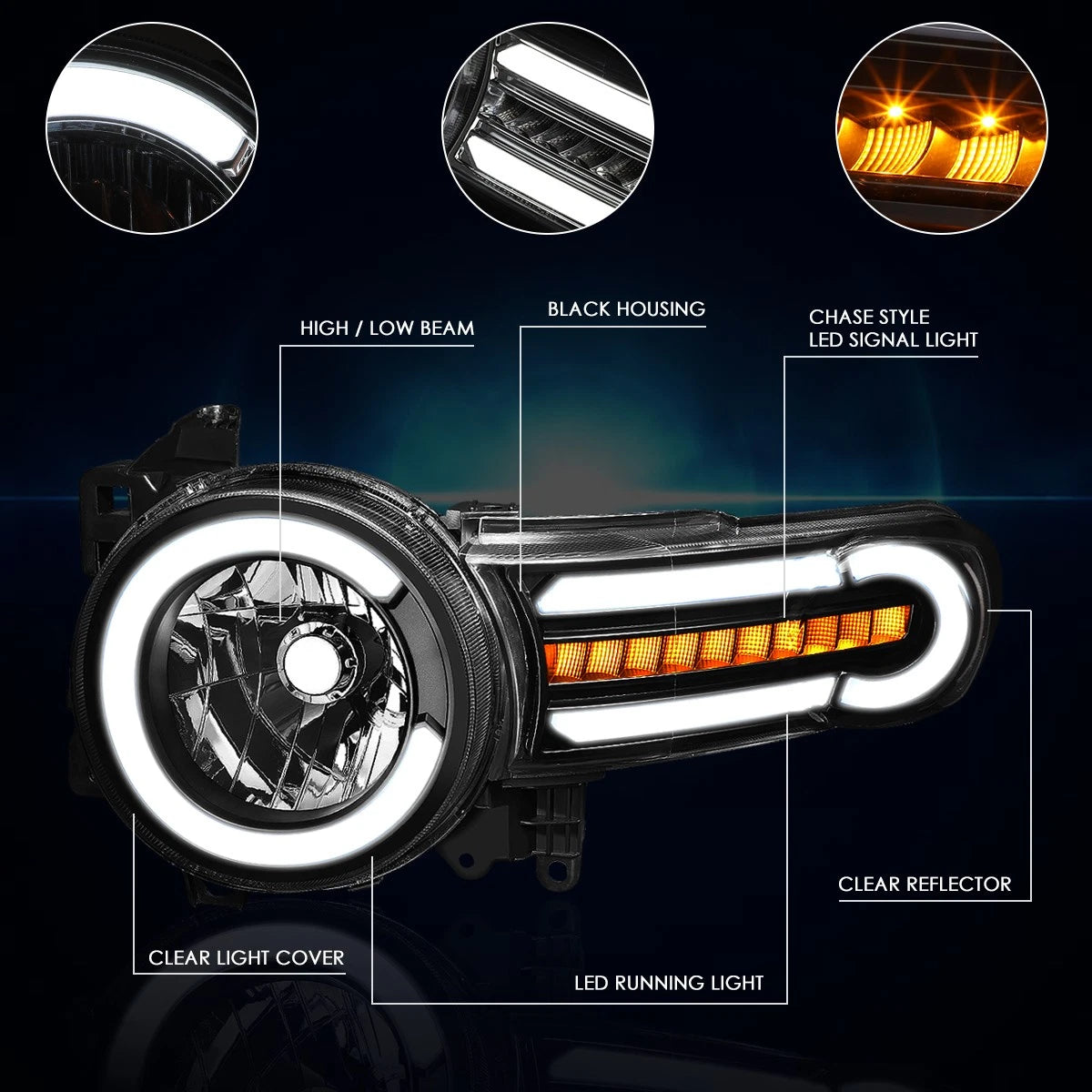 LED DRL Headlight for FJ Cruiser (2007–2014) w/ Chasing Turn Signal Lamp