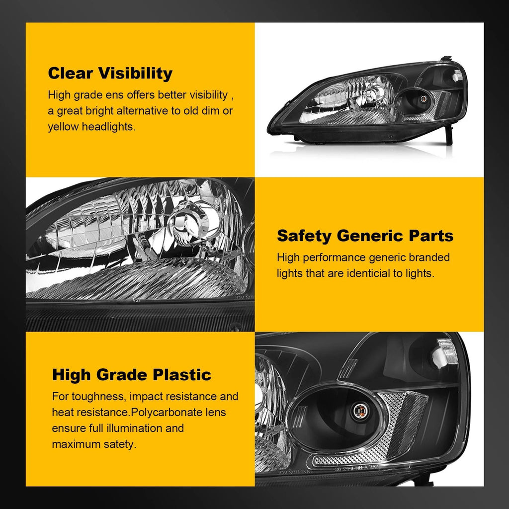 Set of 2 Reflector Headlights for Honda Civic (2001–2003)