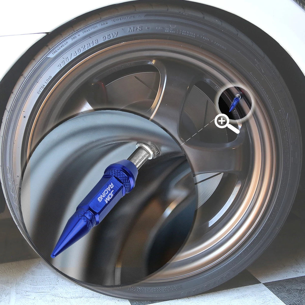 Set of 4 Blue Aluminum Spiked Tire Valve Stem Caps for Universal Fit (60mm)