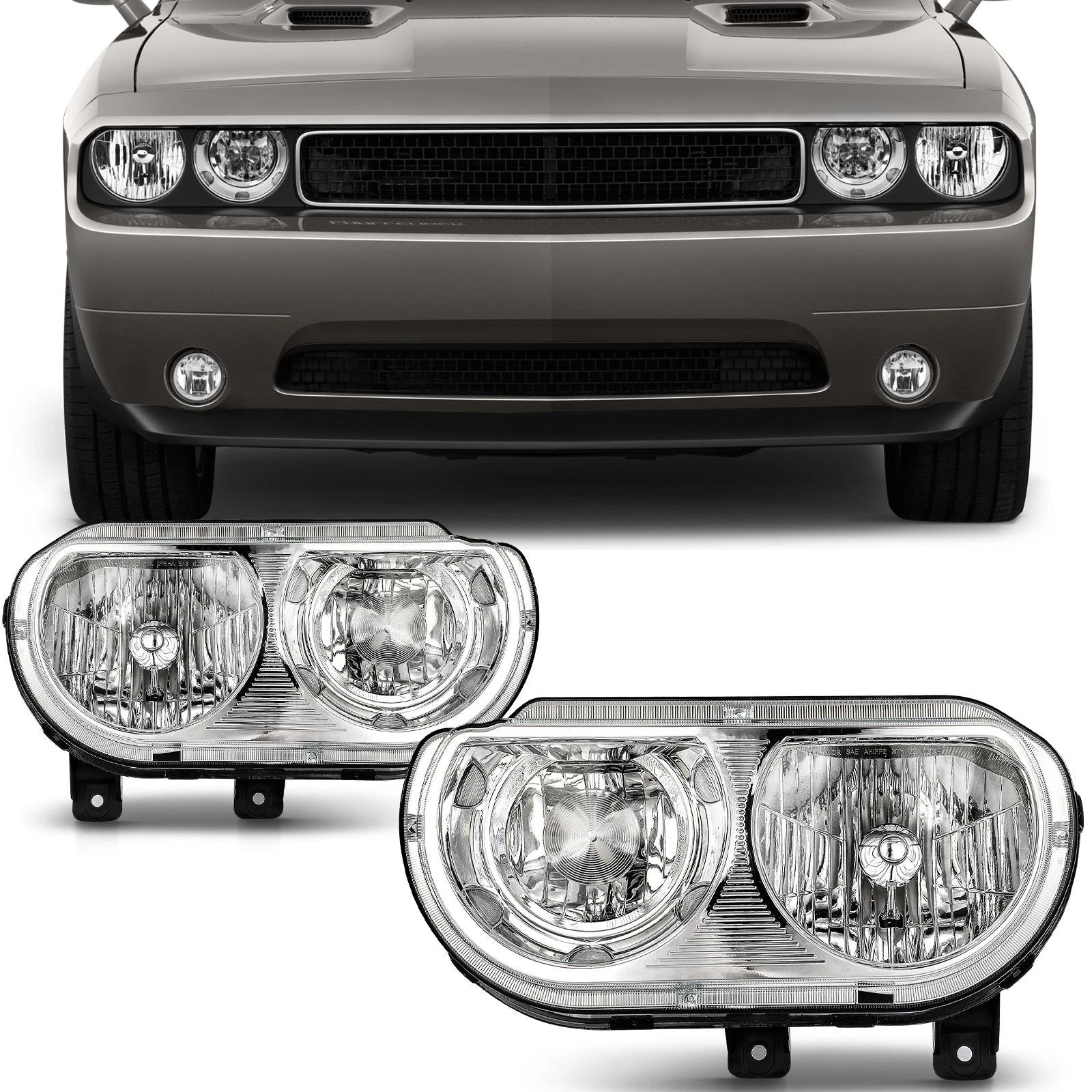 Pair Halogen Headlights Assembly for Dodge Challenger (2008–2014) - Chrome