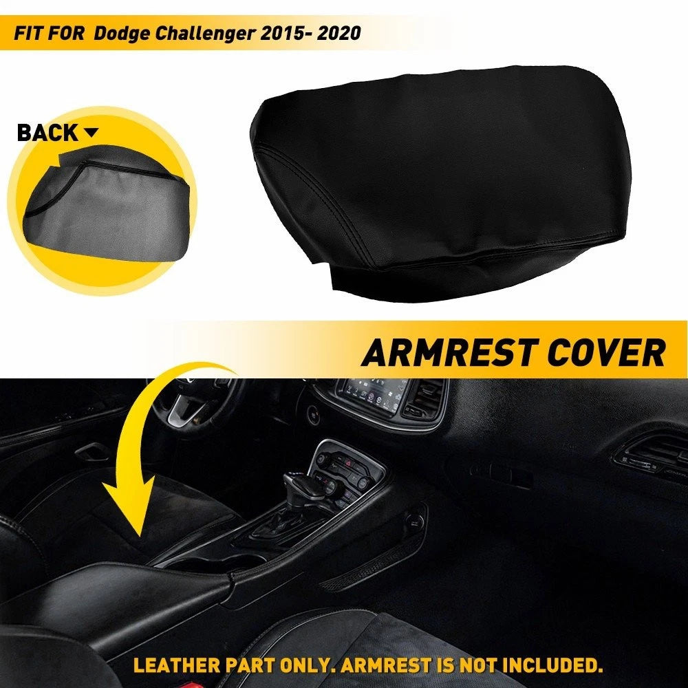 Center Console Lid Armrest Cover for Dodge Challenger (2015–2020) Black PU Leather