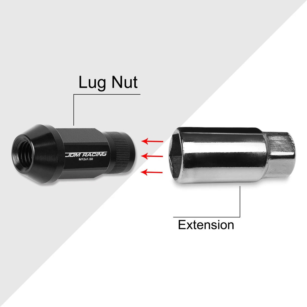 20Pc M12X1.5 Black JDM Open End Bulge Hex Lug Nuts + 25mm Extension