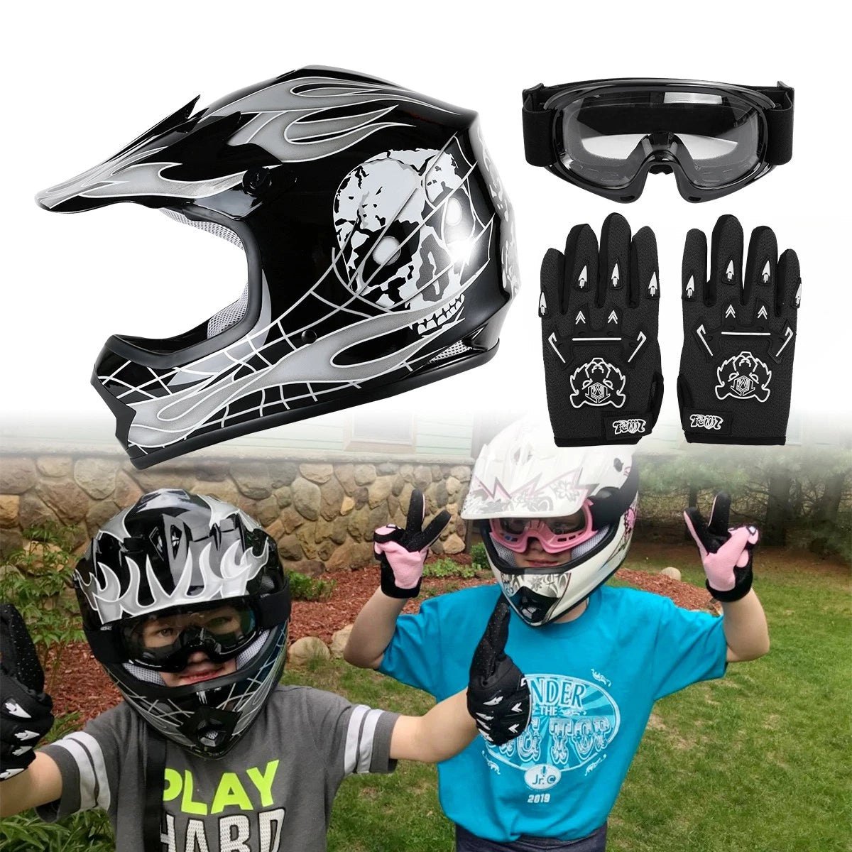 Youth Offroad Motocross Helmet, Gloves, Goggles for ATV Motorcycle (DOT)