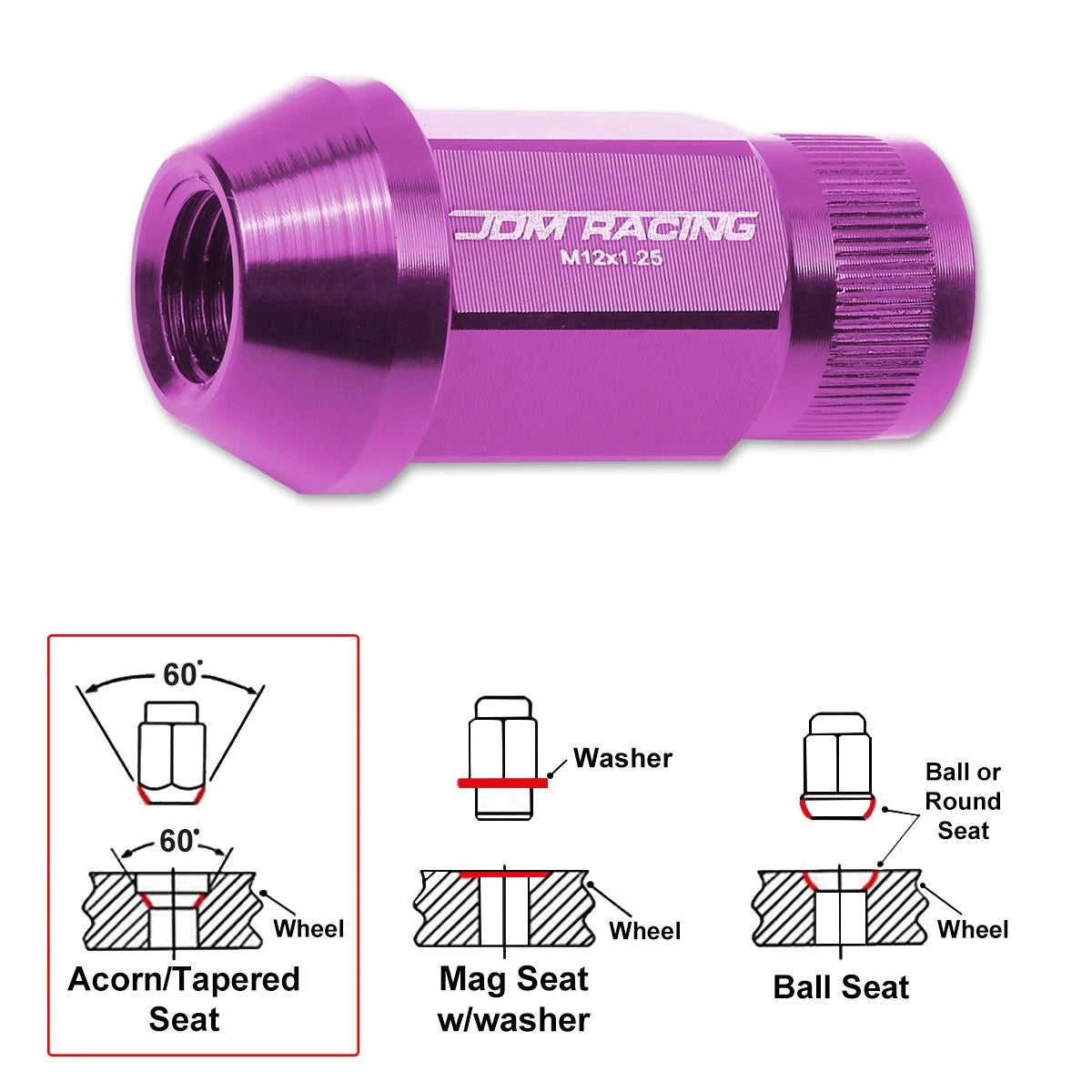 Set of 20 M12X1.25 Purple JDM Open End Bulge Hex Wheel Lug Nuts + Extension 25mm