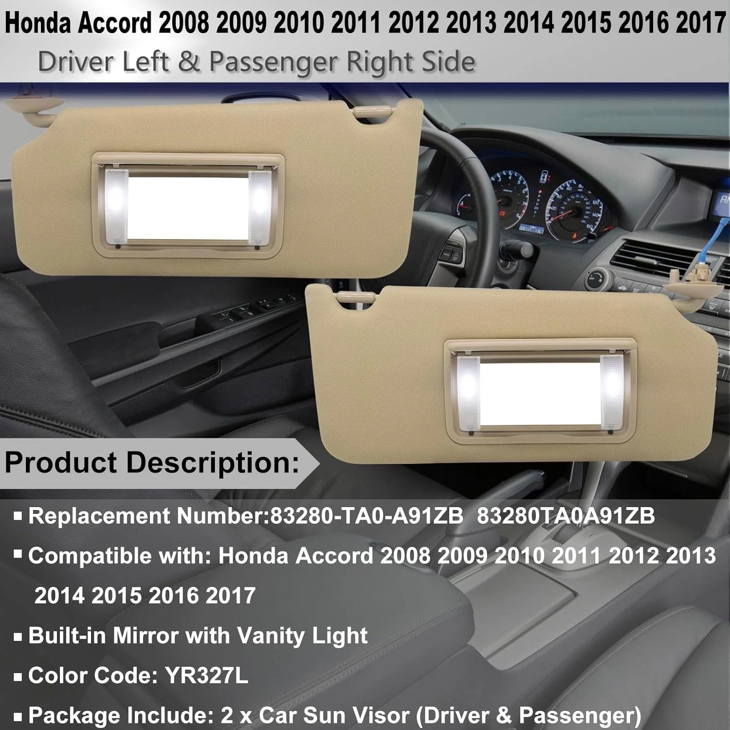 Set of 2 Beige Sun Visors for Honda Accord (2008–2017) w/ Light & Mirror