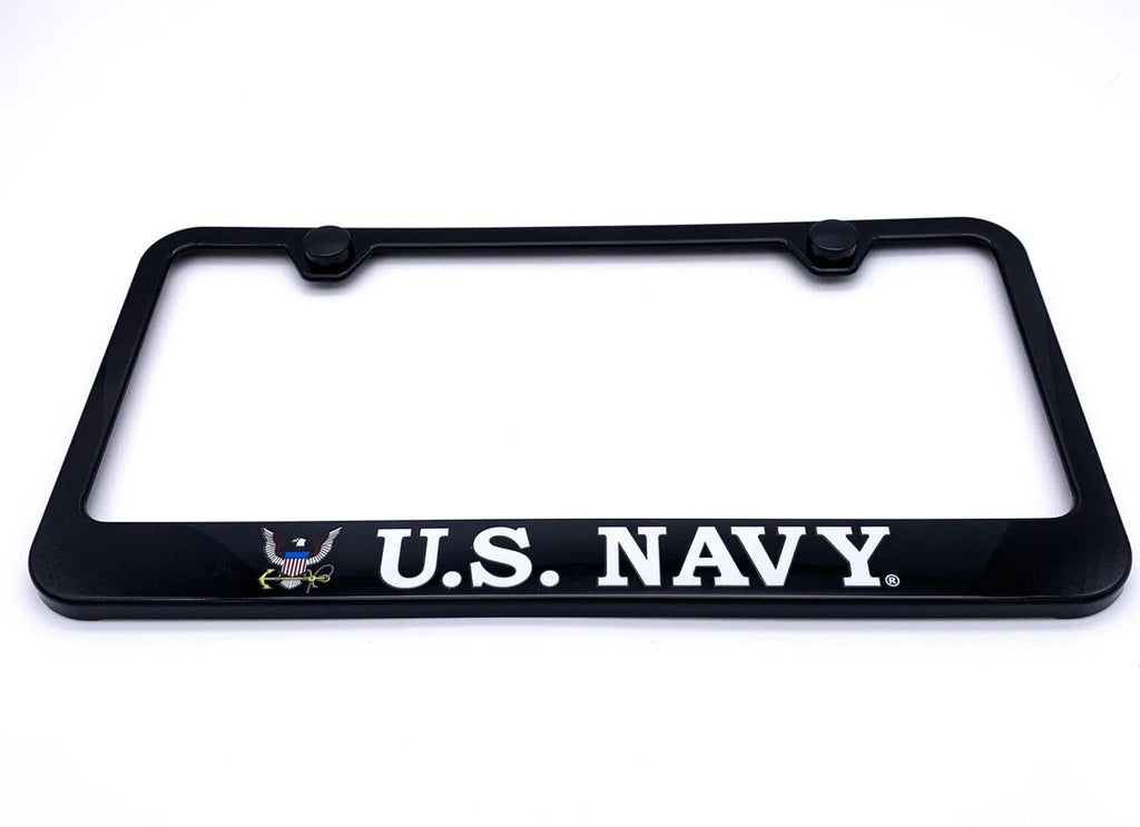 License Plate Frame Black Plastic US Navy Script for Universal Fit (Any Year)