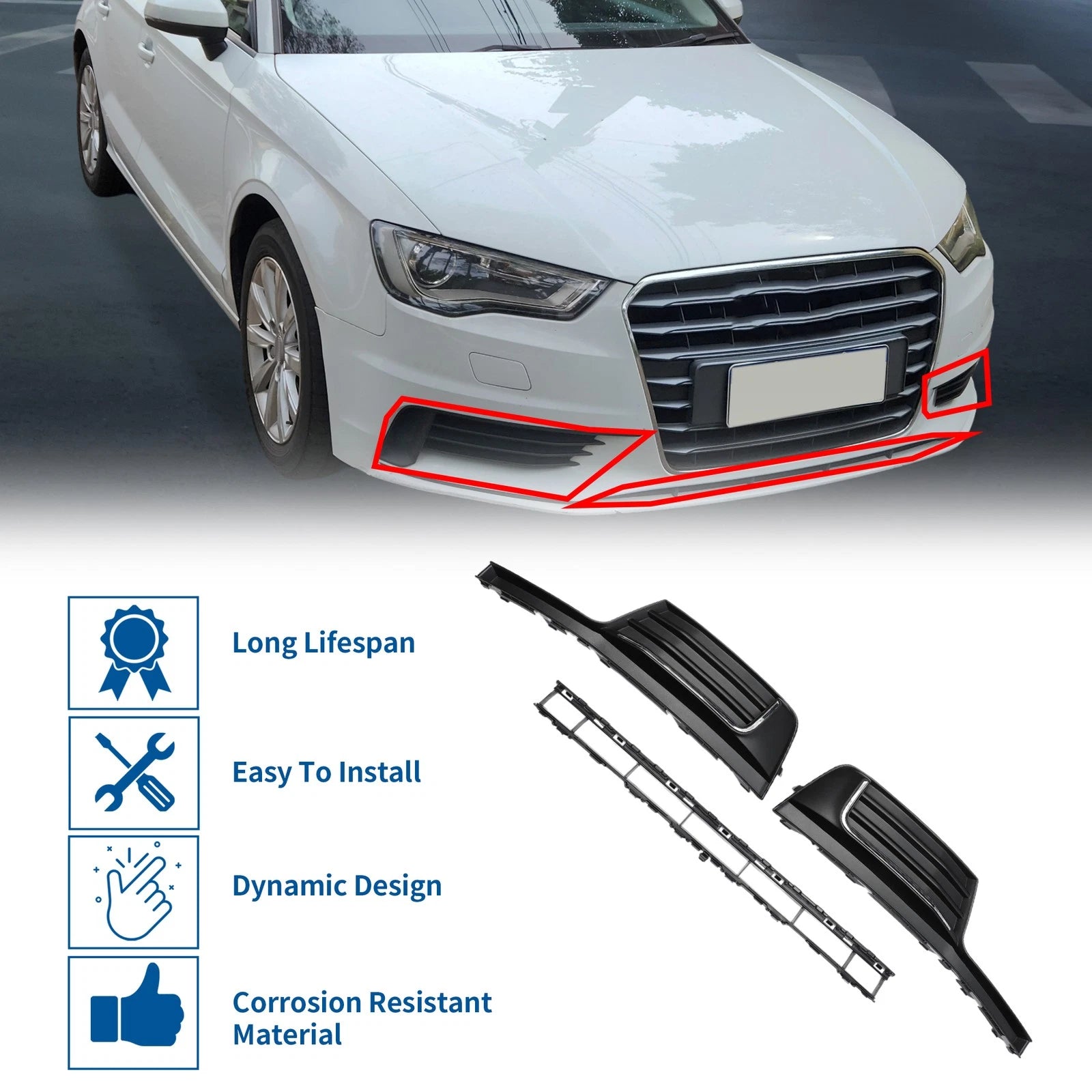 Front Lower Bumper Grille for Audi A3 A3PA (2017–2020) With Trim