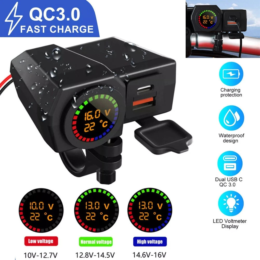 Dual USB Fast Charger Adapter for Motorcycle (LED QC 3.0)
