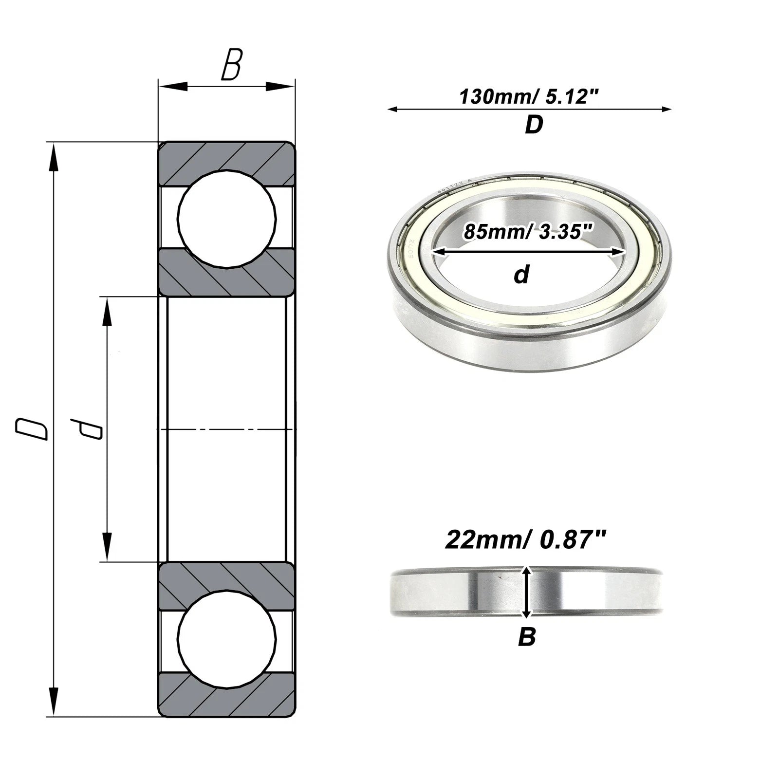 Deep Groove Ball Bearing 6017ZZ for Scooter Skateboard Wheel (85x130x22mm)