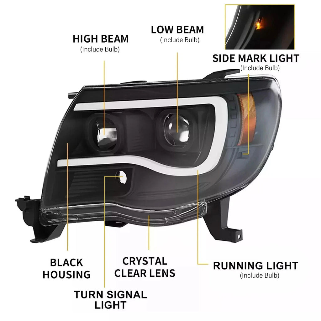 LED Tube Black Projector Headlights for Toyota Tacoma (2005-2011)