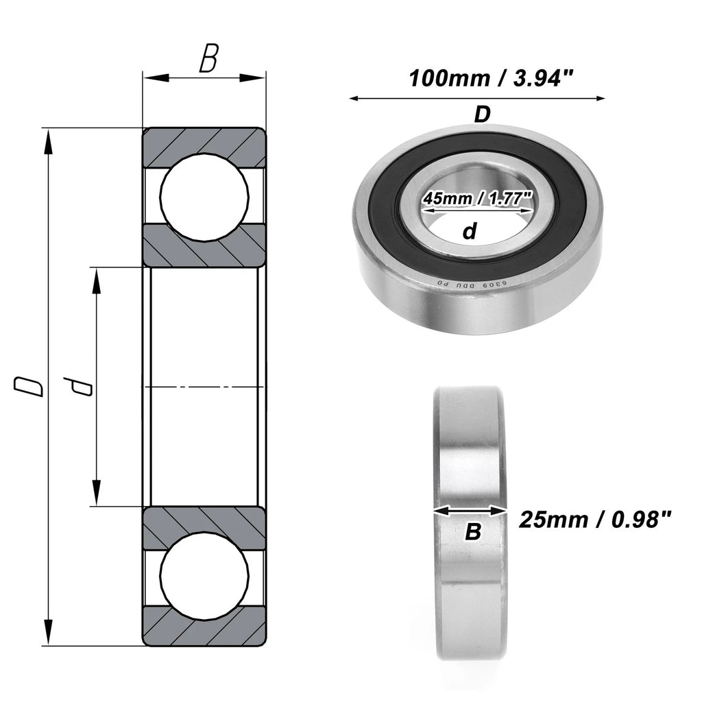 Deep Groove Ball Bearing 6309DDU for Scooter Skateboard (P0 45x100x25mm)