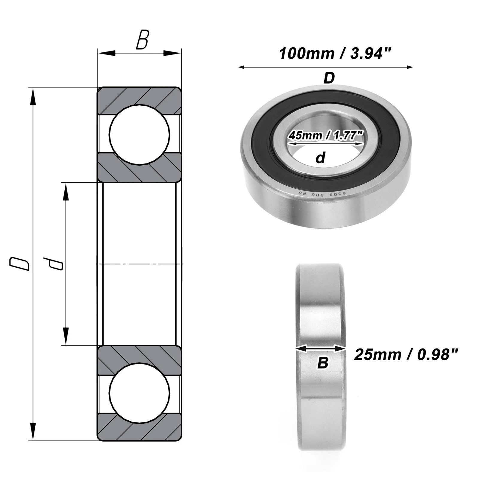 Deep Groove Ball Bearing 6309DDU for Scooter Skateboard (P0 45x100x25mm)