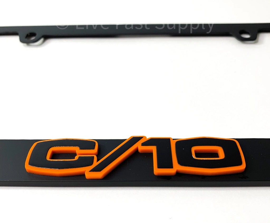 Matte Black License Plate Frame w Orange Outline Script for Chevy C10 (1960–1972)