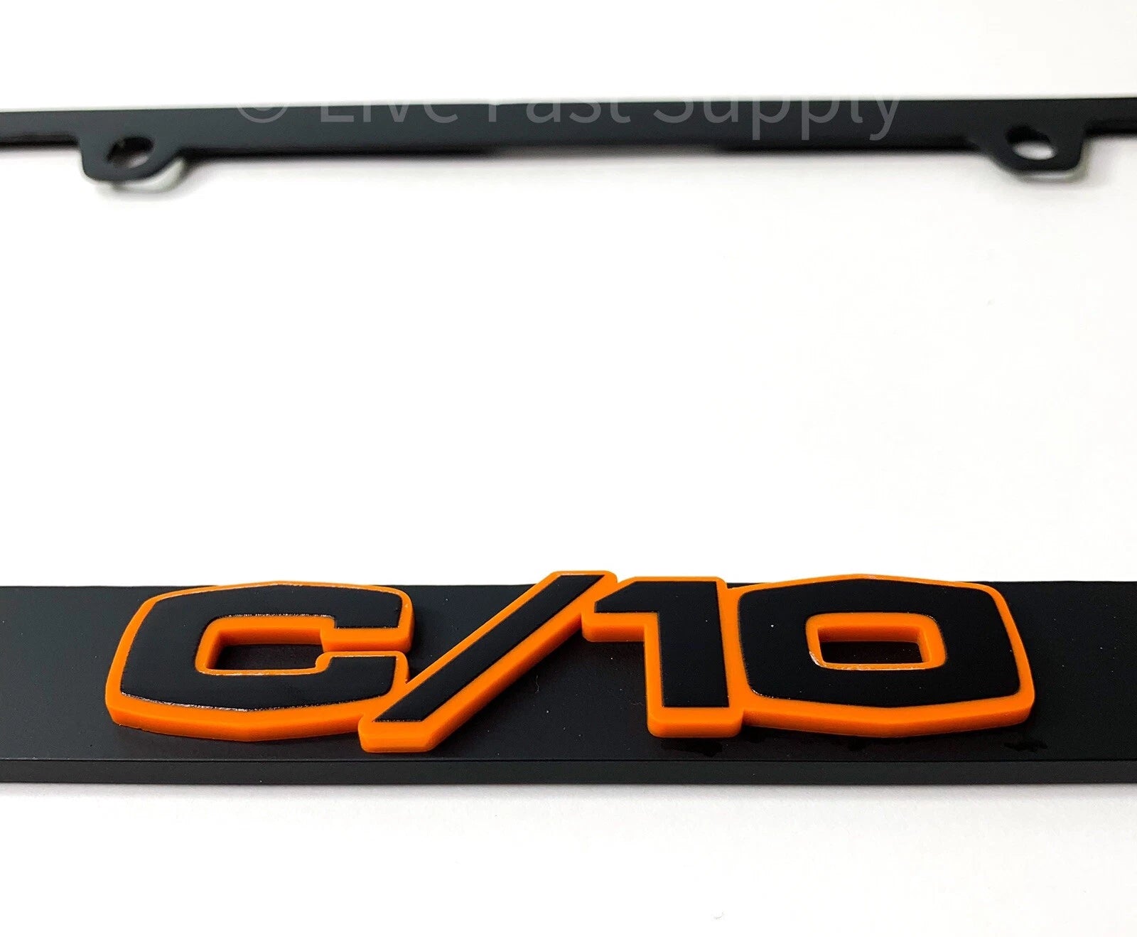 Matte Black License Plate Frame w Orange Outline Script for Chevy C10 (1960–1972)
