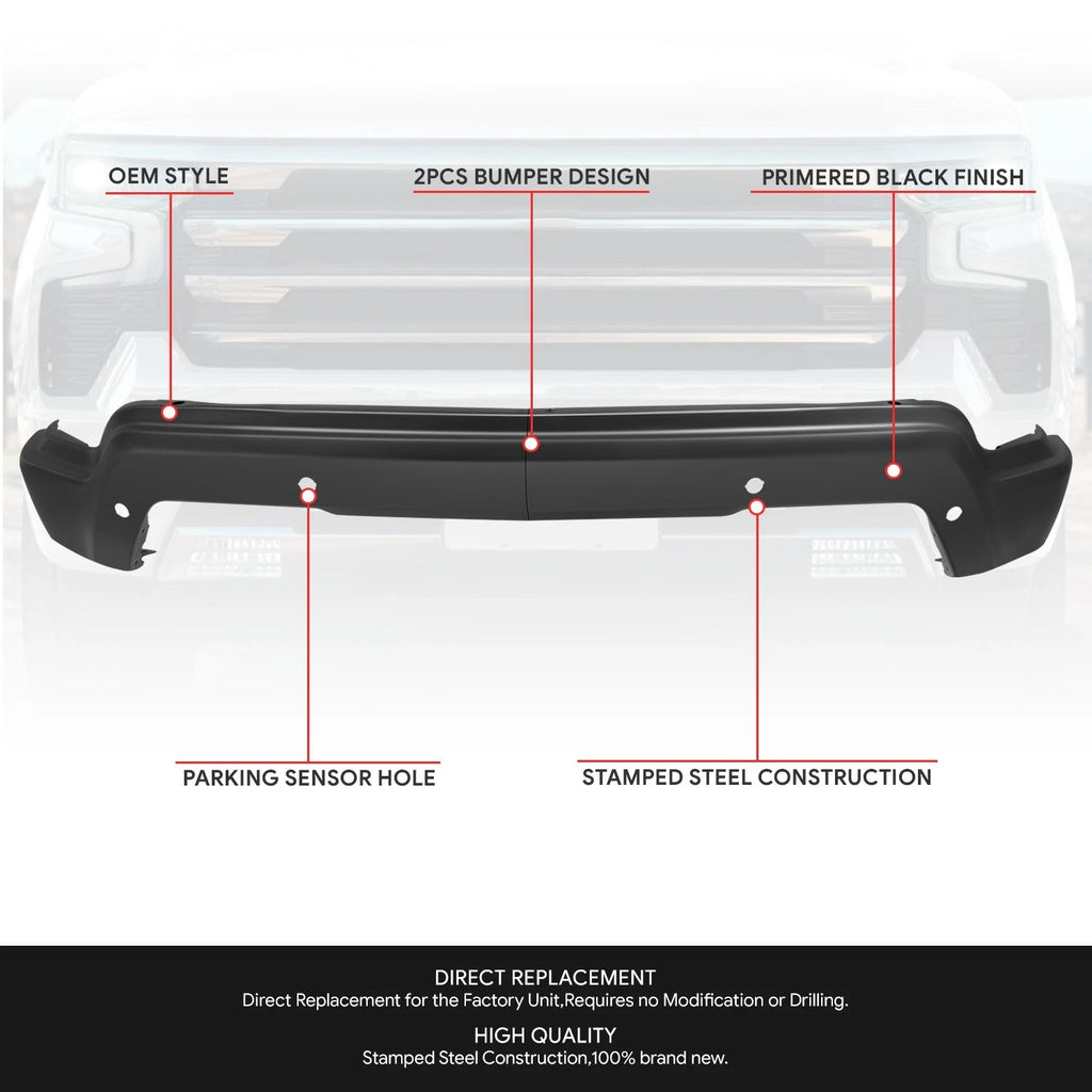 Front Bumper Face Bar for Chevrolet Silverado 1500 (2022–2025) - Black, Sensor Hole