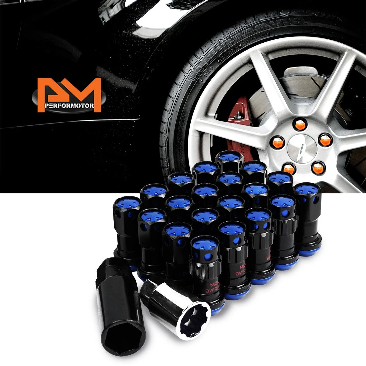 20Pc M12X1.5 Blue JDM Closed End Lug Nuts with Spline Locks & Key
