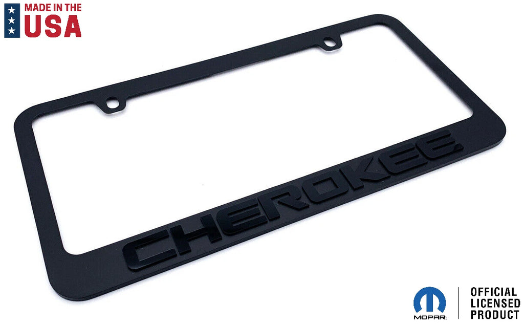 Matte Black License Plate Frame with Jeep Cherokee Script Emblem for Jeep Wrangler (2018–2024)
