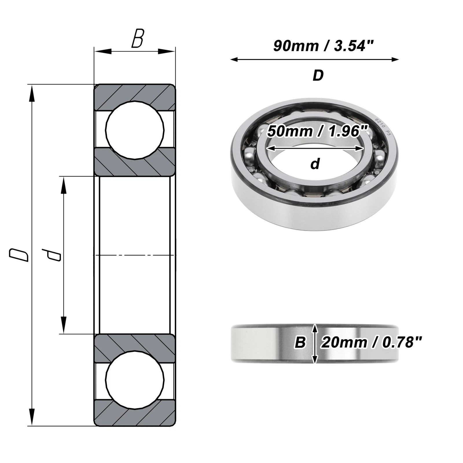 Deep Groove Ball Bearing 6210 for Scooter Skateboard Wheel (50x90x20mm)