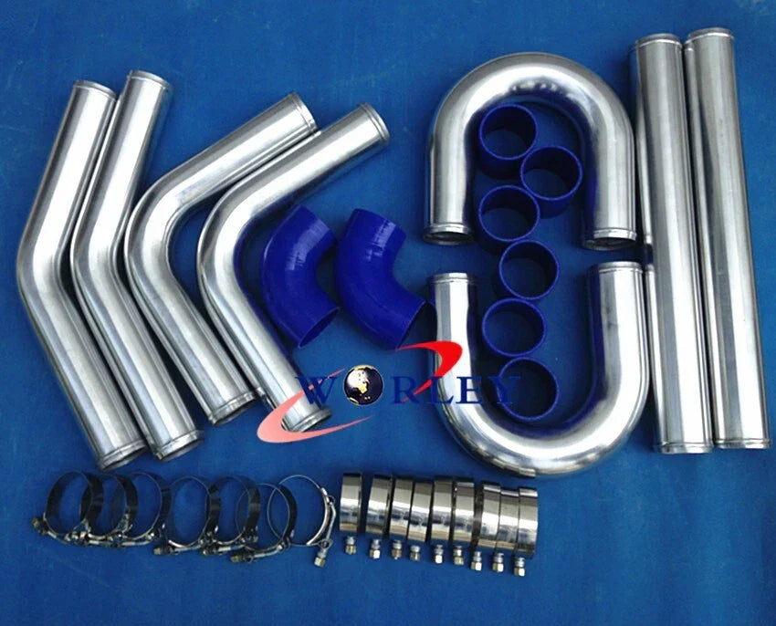 2.25" Aluminum Universal Intercooler Turbo Piping Kit + Blue Hoses for Cars