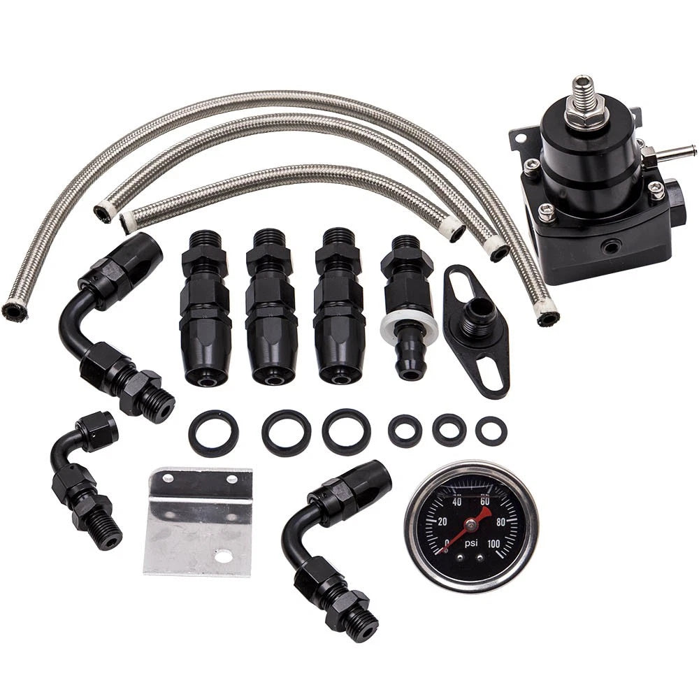 Adjustable Fuel Pressure Regulator Kit W/ 100 PSI Guage US AN6 Fitting Black