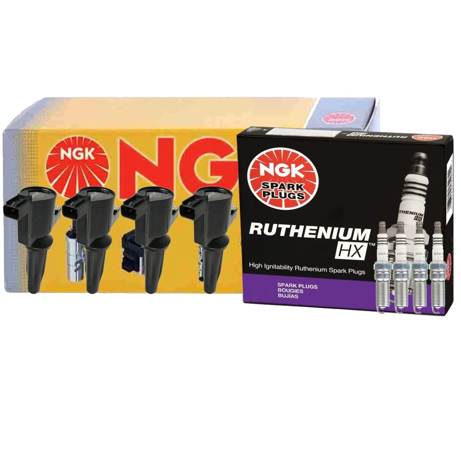 Set of 4 NGK COP Ignition Coils & 4 Ruthenium HX Spark Plugs for Ford Mazda Lincoln