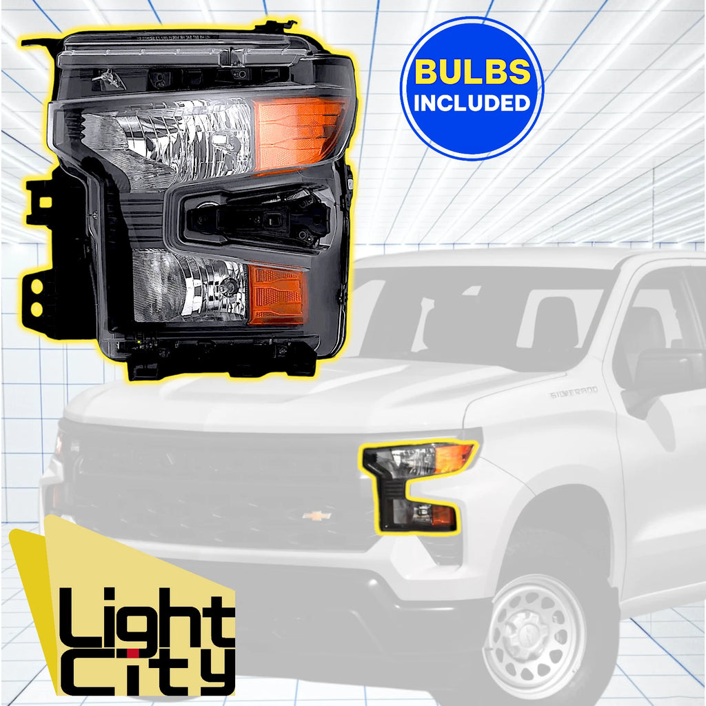 Halogen Headlight LH for Chevy Silverado 1500 (2022–2024) w/Black Trim