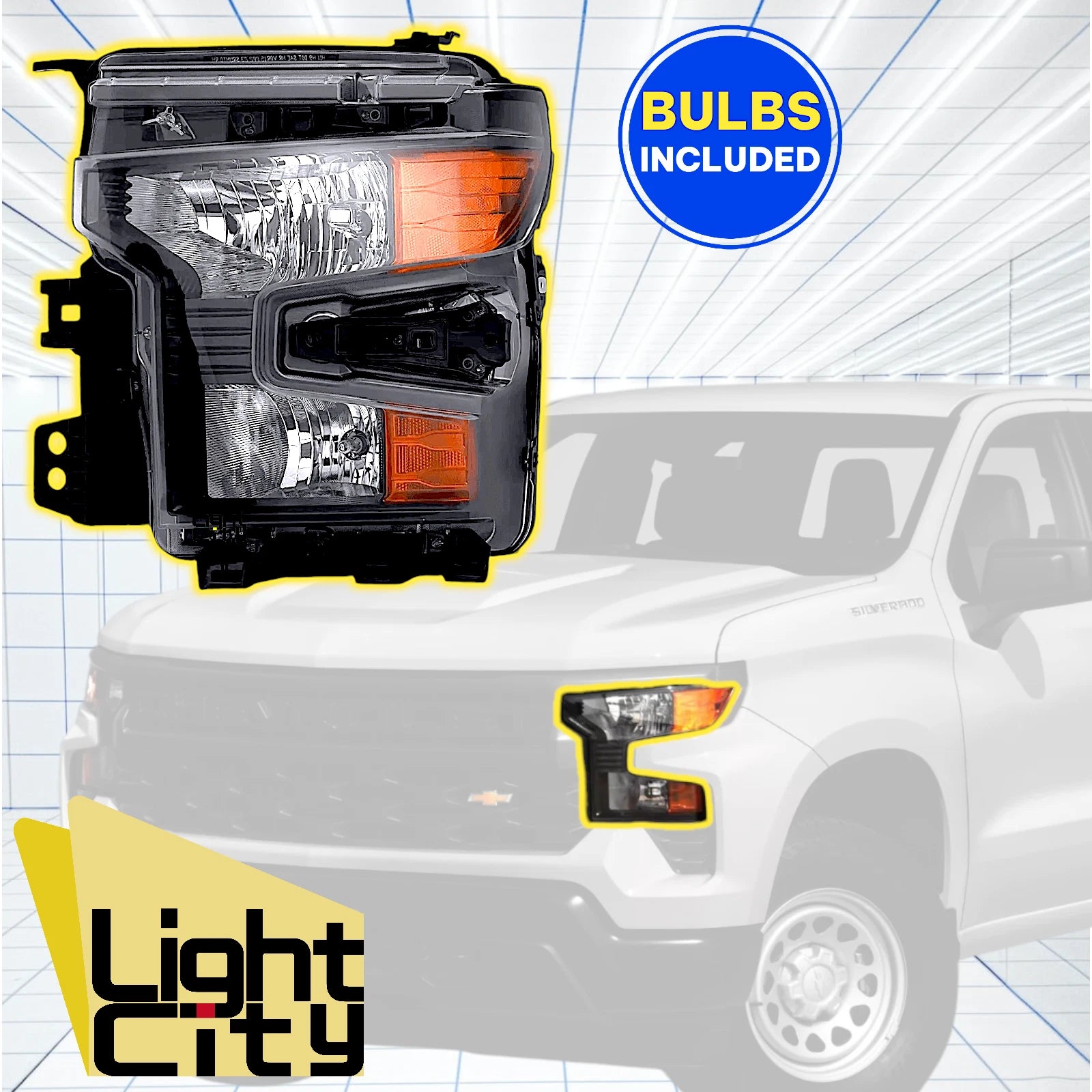 Halogen Headlight LH for Chevy Silverado 1500 (2022–2024) w/Black Trim