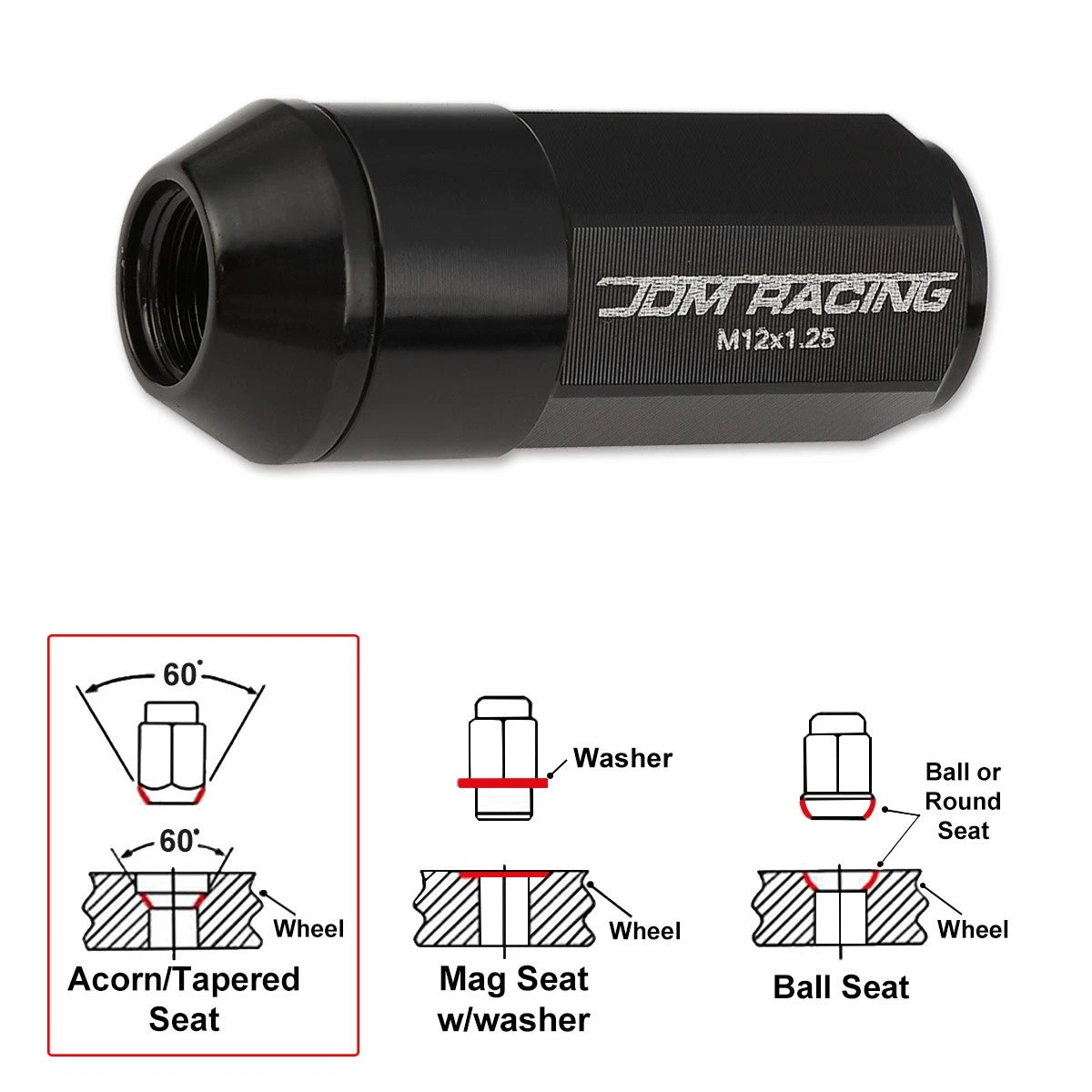 Set of 20 M12X1.25 Black JDM Cone Seat Hex Wheel Lug Nuts with Cap & Extension