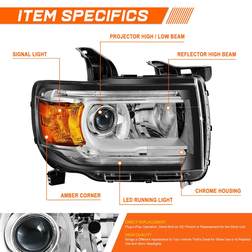 Right Side Chrome Amber LED DRL Projector Headlight for GMC Canyon (2015–2022)