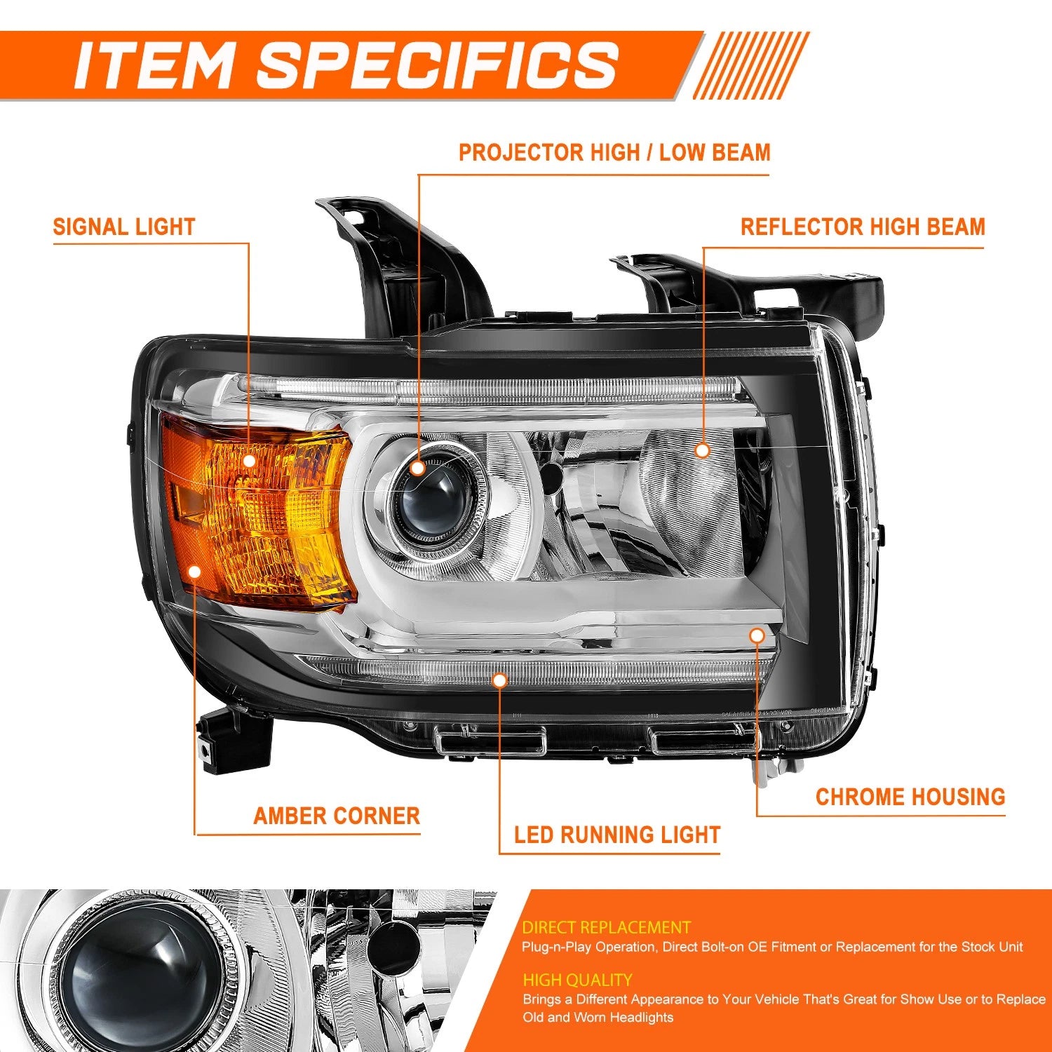 Right Side Chrome Amber LED DRL Projector Headlight for GMC Canyon (2015–2022)
