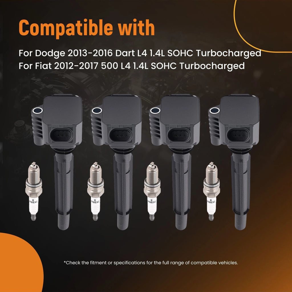 Set of 4 Ignition Coils + Spark Plugs for Fiat 500 (2012–2017) UF673