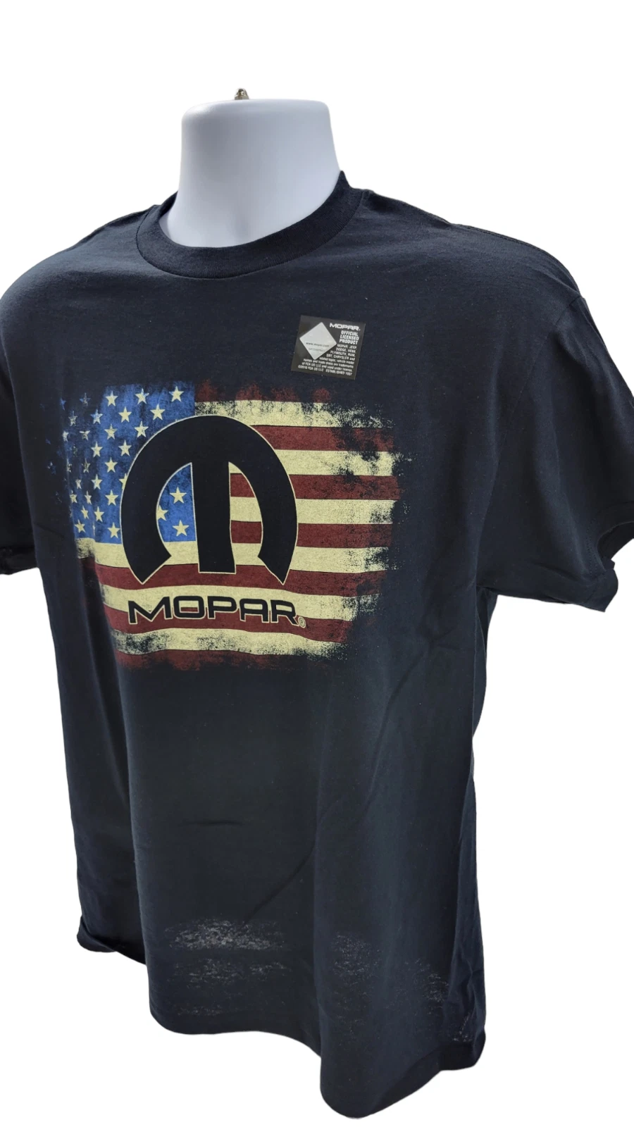 Mopar Emblem Black T Shirt with American Flag Background for Dodge (2008–2018)