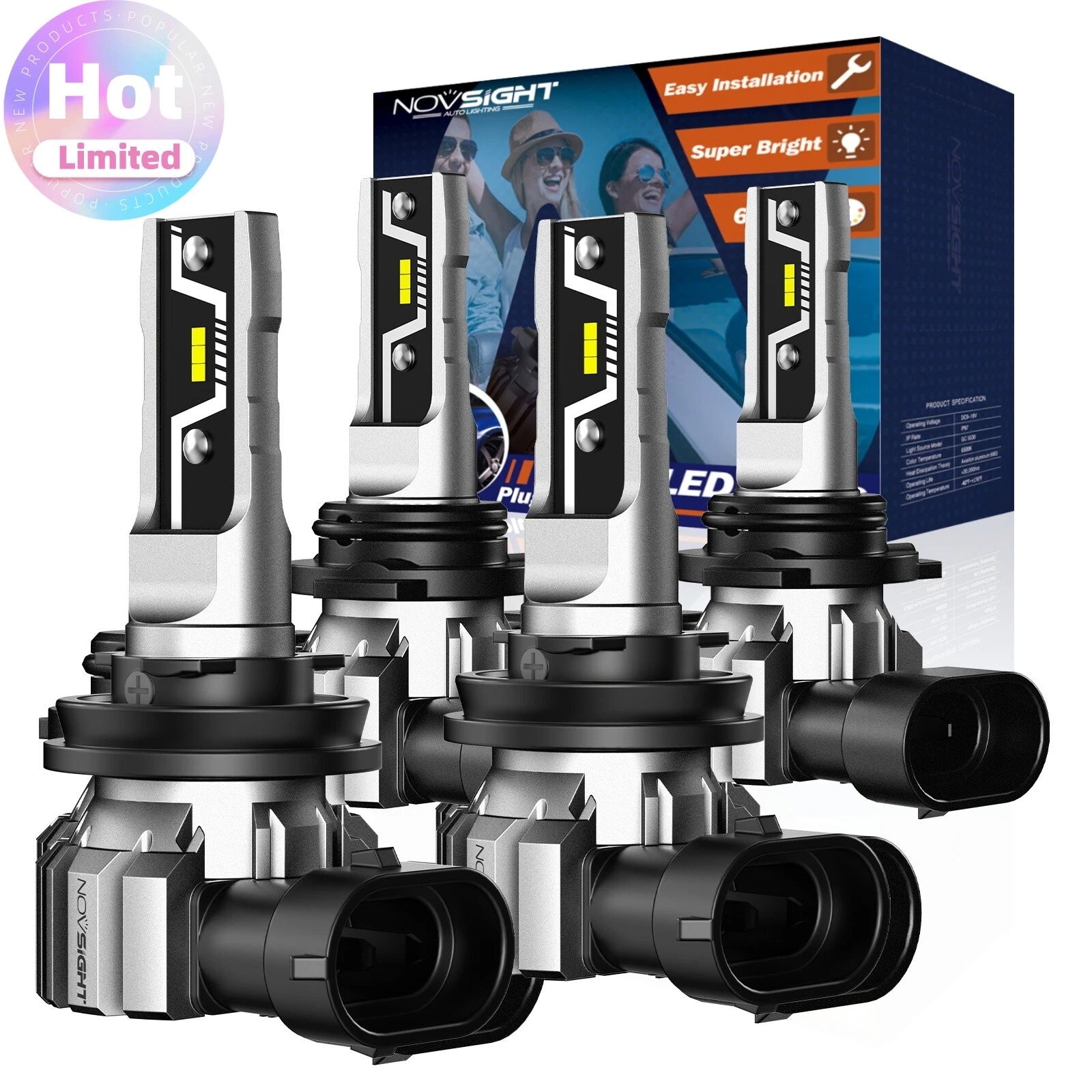 Set of 4 NOVSIGHT 9005/HB3 H11 LED Headlight Bulbs 6500K 10000LM