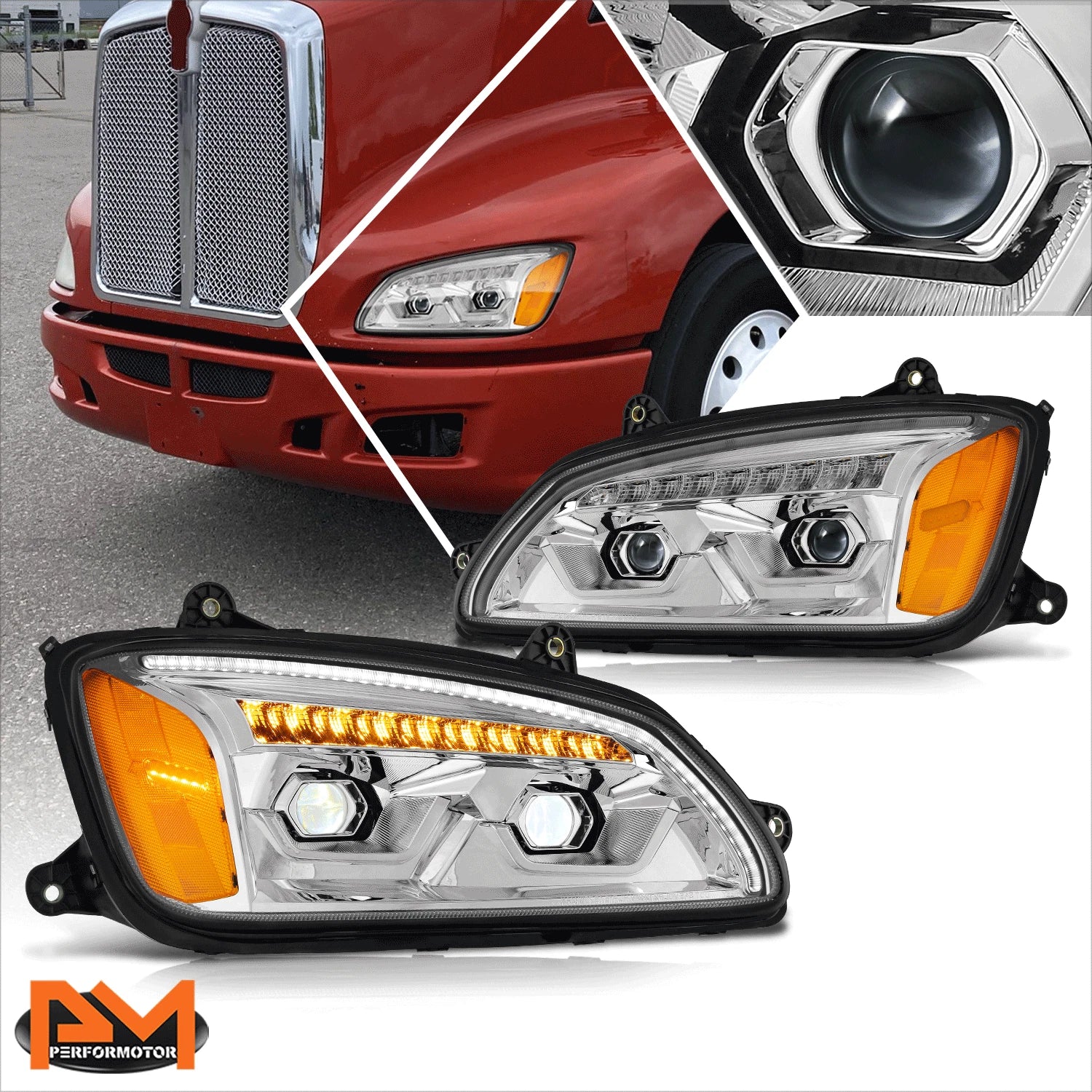 LED DRL Sequential Signal Projector Headlights for Kenworth T660 (2008–2017)