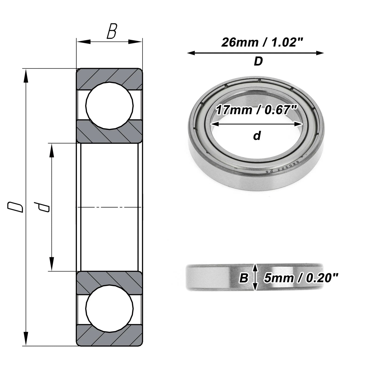 1 Pc 6803ZZ Deep Groove Ball Bearing for Scooter Skateboard Wheel (17x26x5mm)