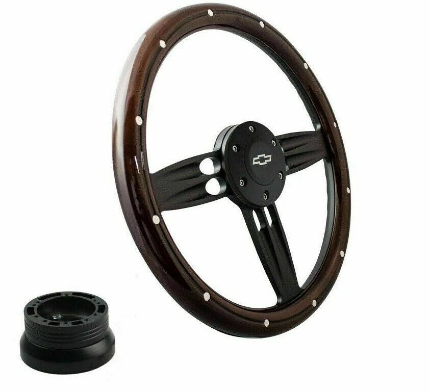 14 Inch Black Barrel Wood Steering Wheel with Bowtie Horn for 1974–1994 Chevy Pickup