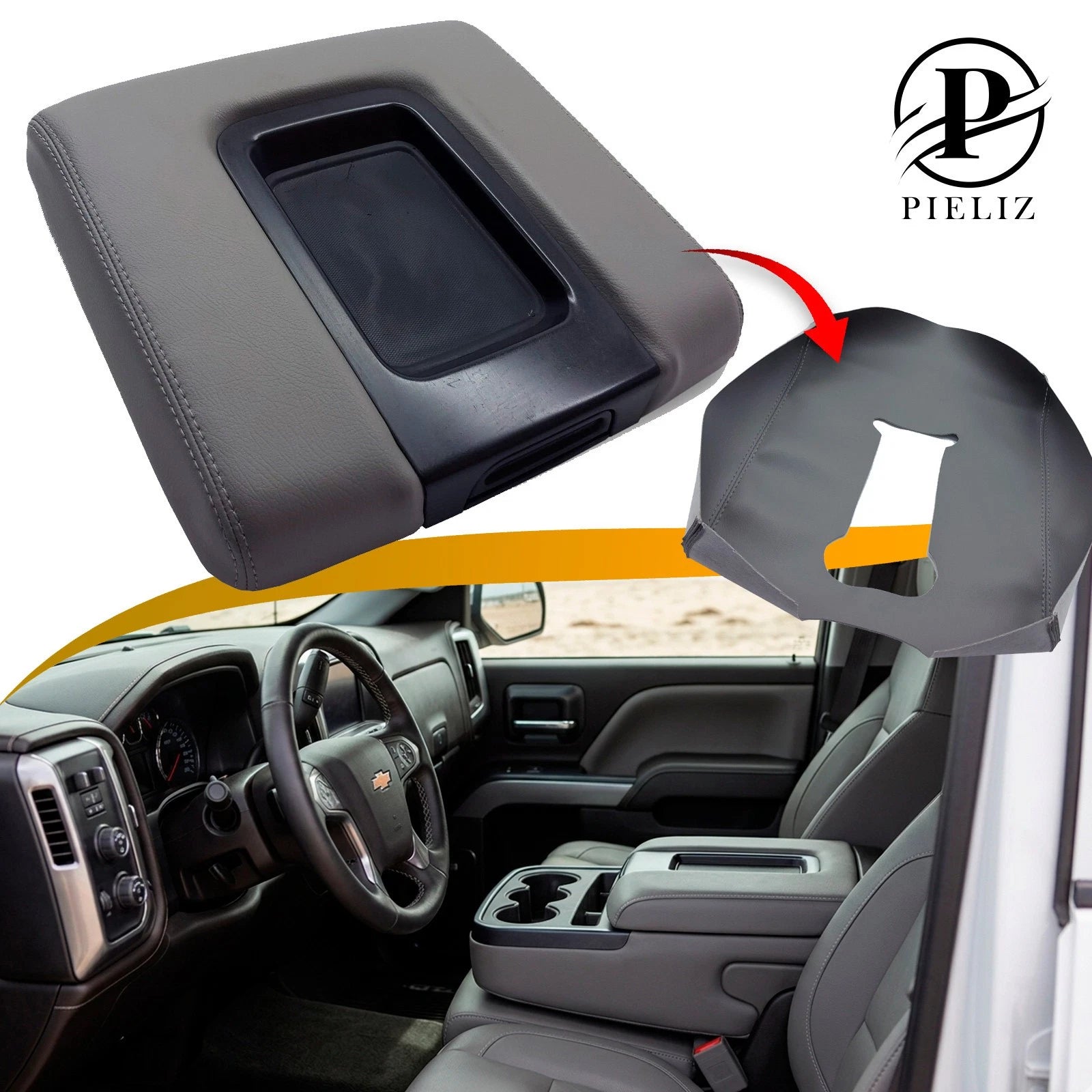 Leather Bench Armrest Cover for Chevrolet Silverado (2014–2019) Medium Gray