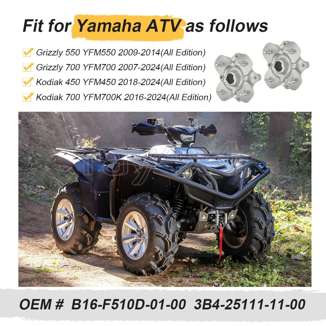 2 Front & Rear Wheel Hubs for Yamaha Kodiak 450 YFM450 4x4 (2018–2024)