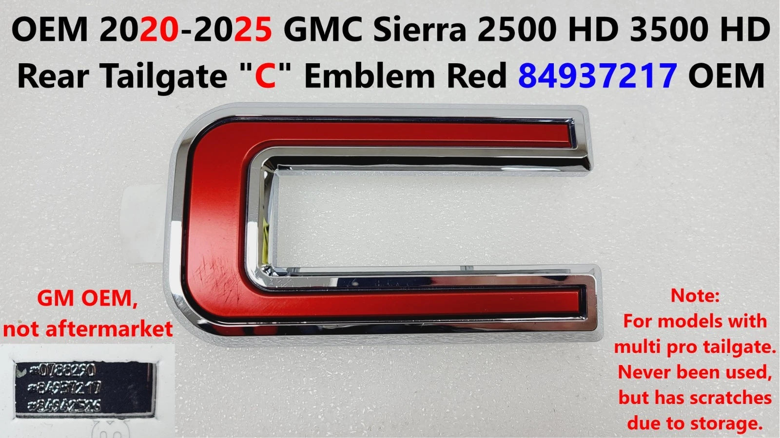 OEM Rear Tailgate C Emblem for GMC Sierra 2500 HD 3500 HD (2020–2025) 84937217