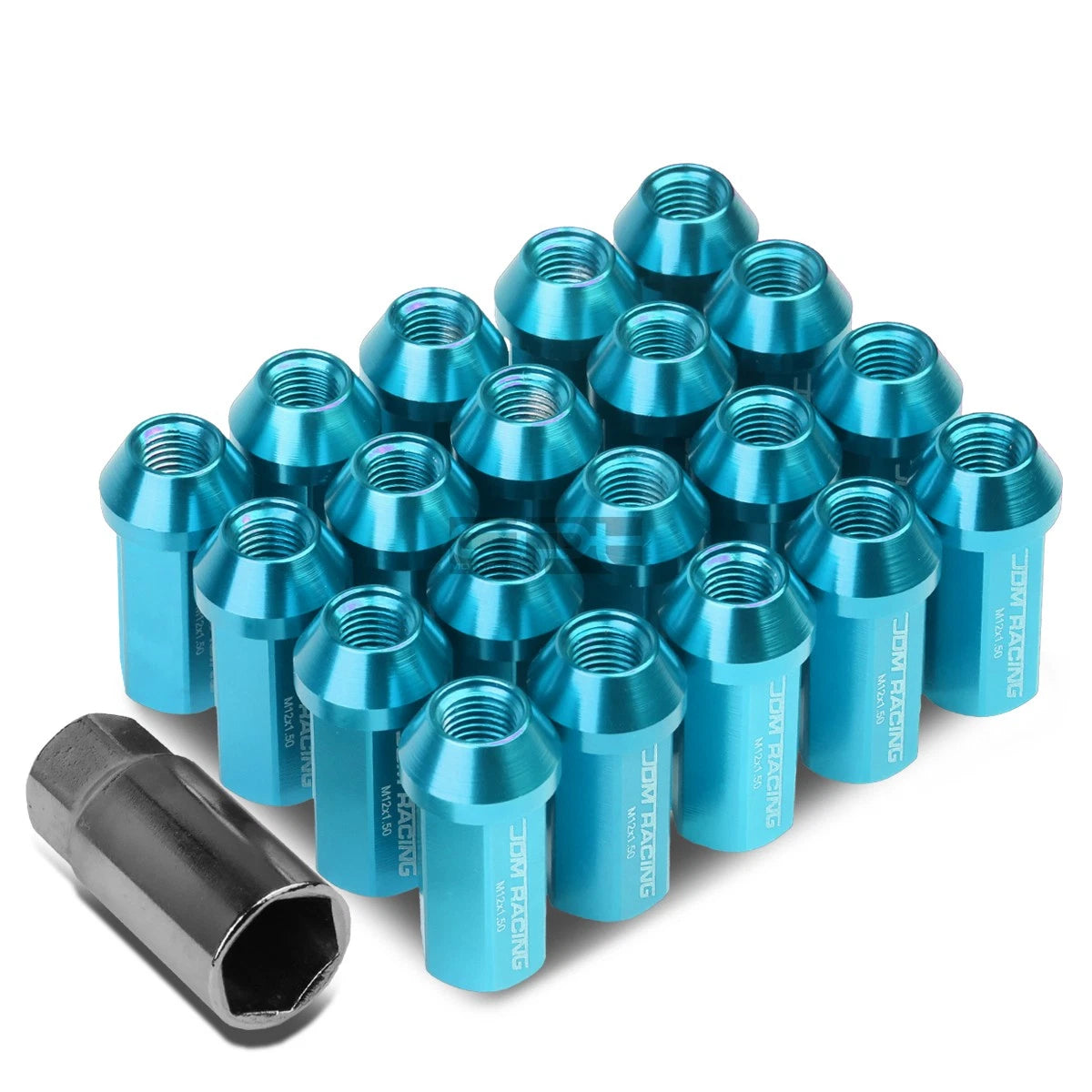 Set of 20 Closed End M12x1.5 50mm Tall Sky Blue Aluminum Lug Nuts + Adapter