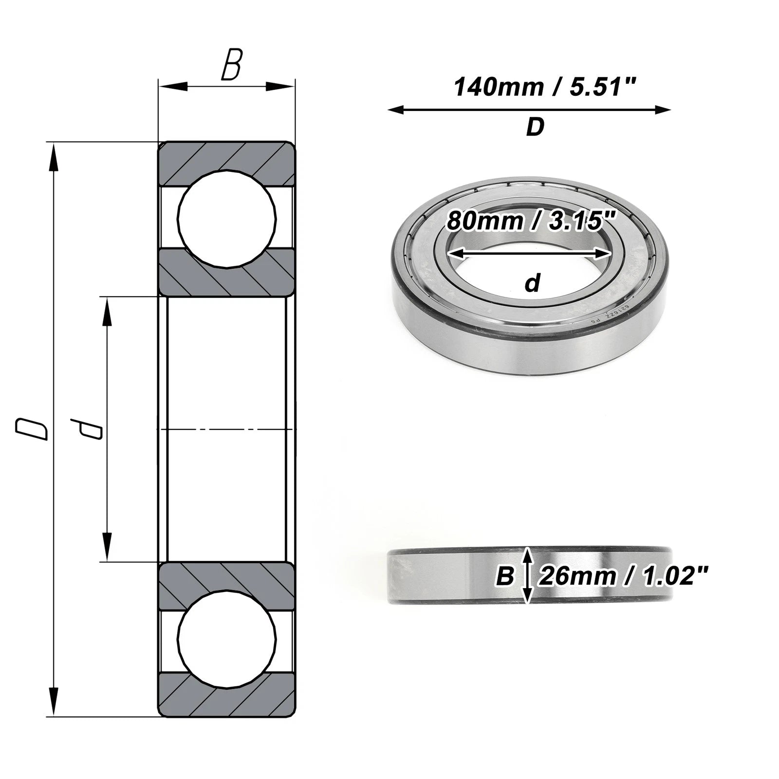 Deep Groove Ball Bearing 6216ZZ for Scooter Skateboard Wheel (P5)