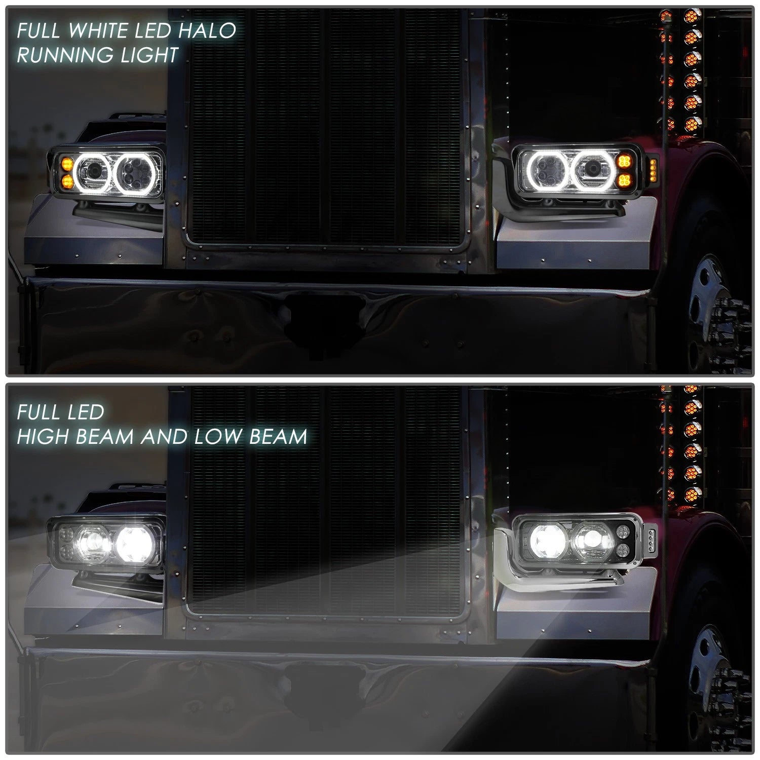 LED Halo DRL Projector Headlights for Peterbilt 359 379 389 (1981–2021)