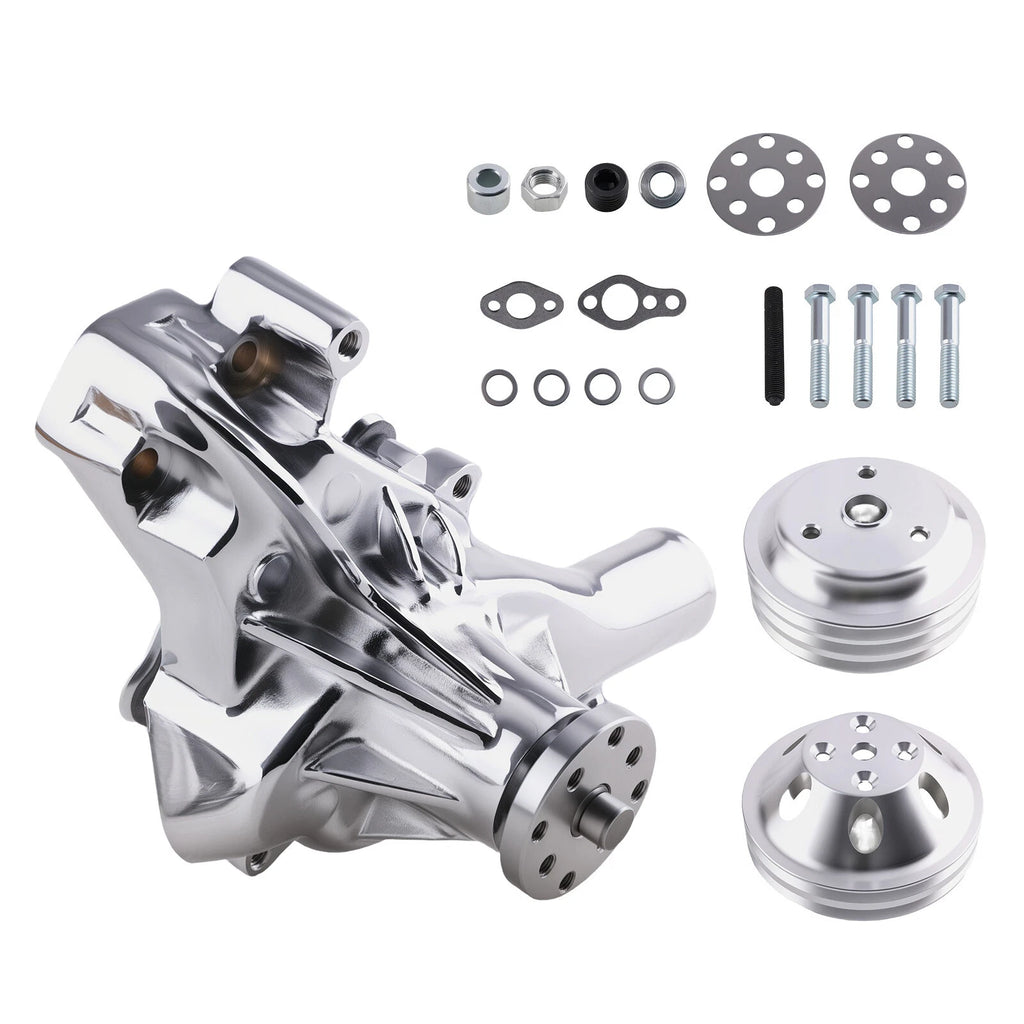 Long Water Pump & Crankshaft Pulley Kit for SBC Chevy 305 350 (2/3 Groove, Chrome)