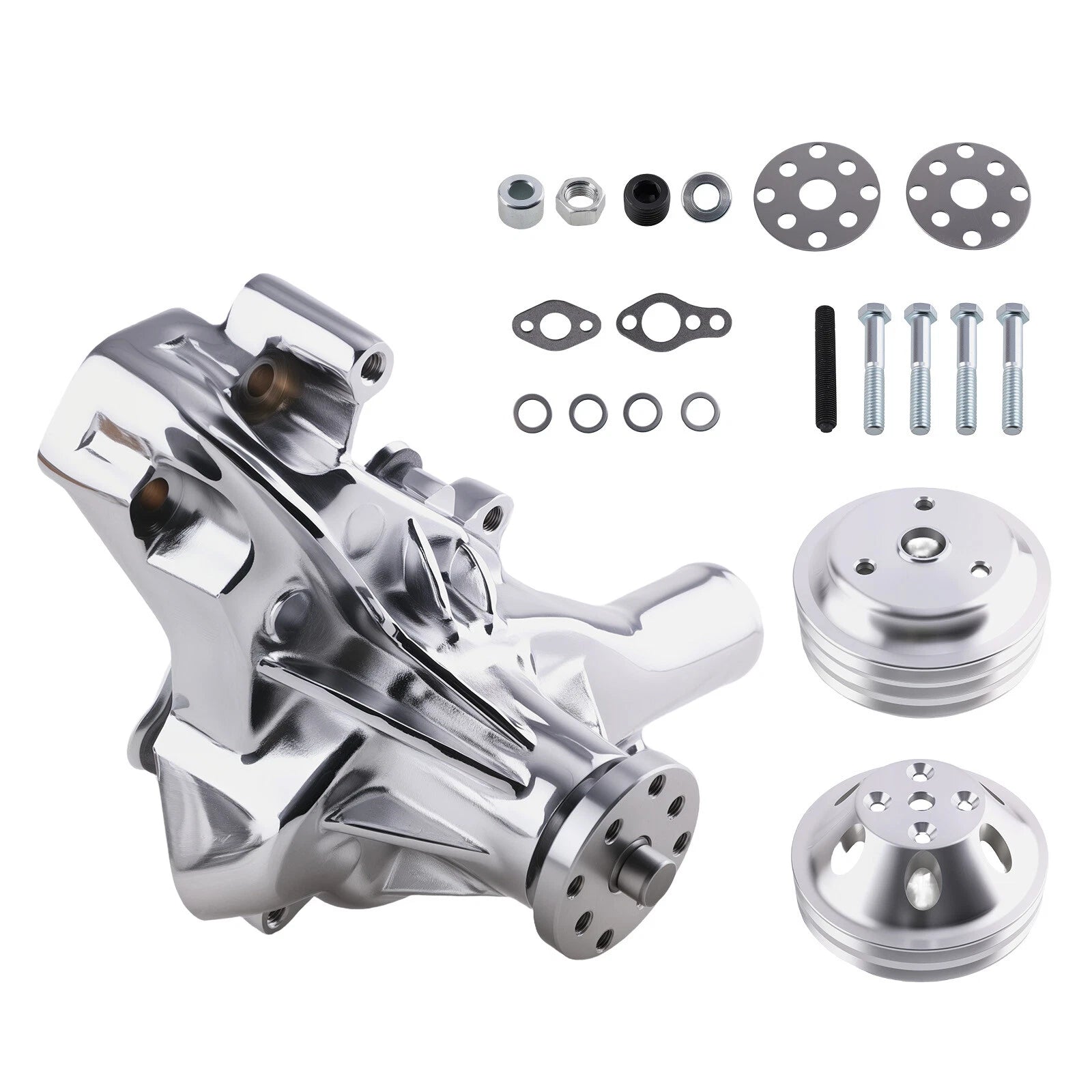 Long Water Pump & Crankshaft Pulley Kit for SBC Chevy 305 350 (2/3 Groove, Chrome)