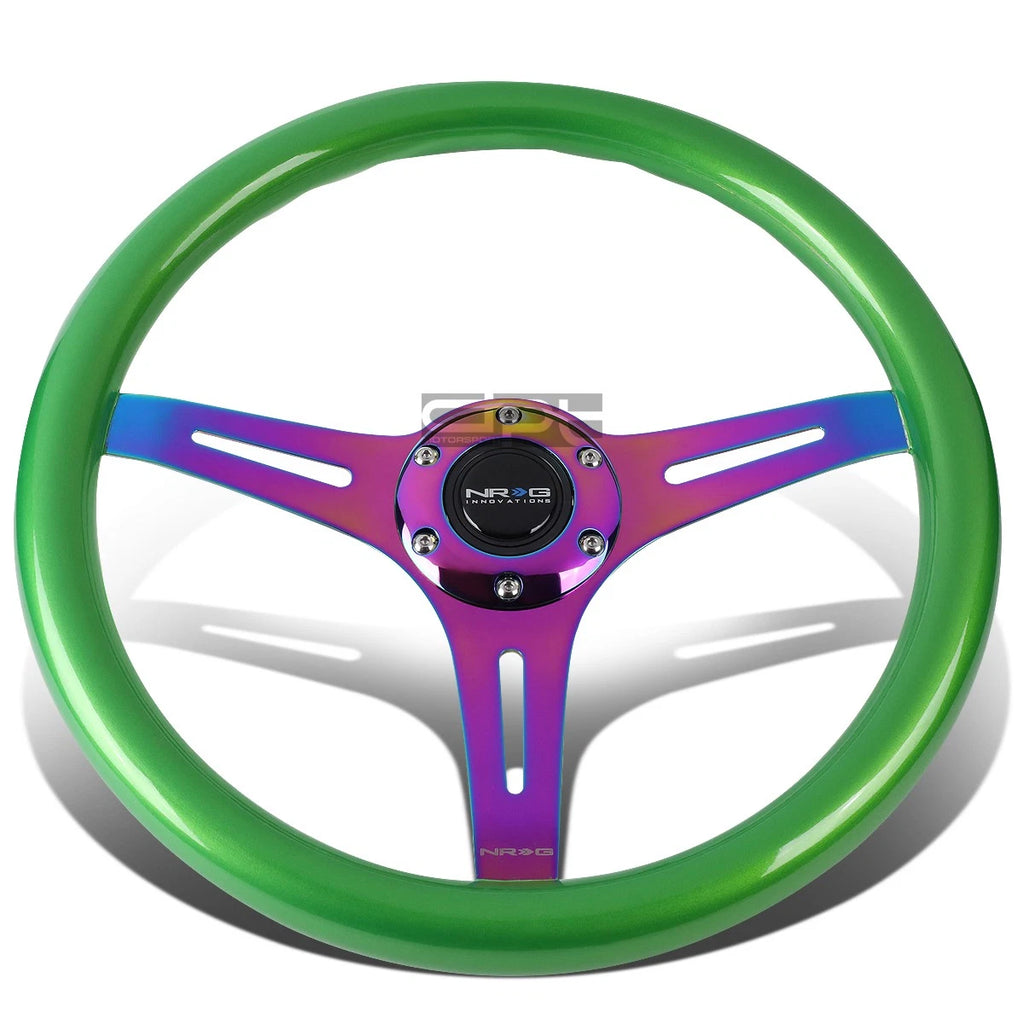 NRG 6-Bolt Green Wood Grip Neo Chrome Sport Steering Wheel for Universal Fit