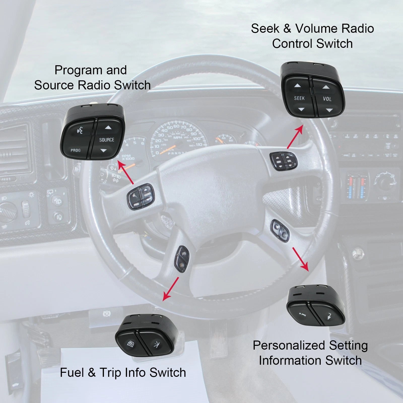 Set of 4 Steering Wheel Radio Volume Control Switches for GM Trucks
