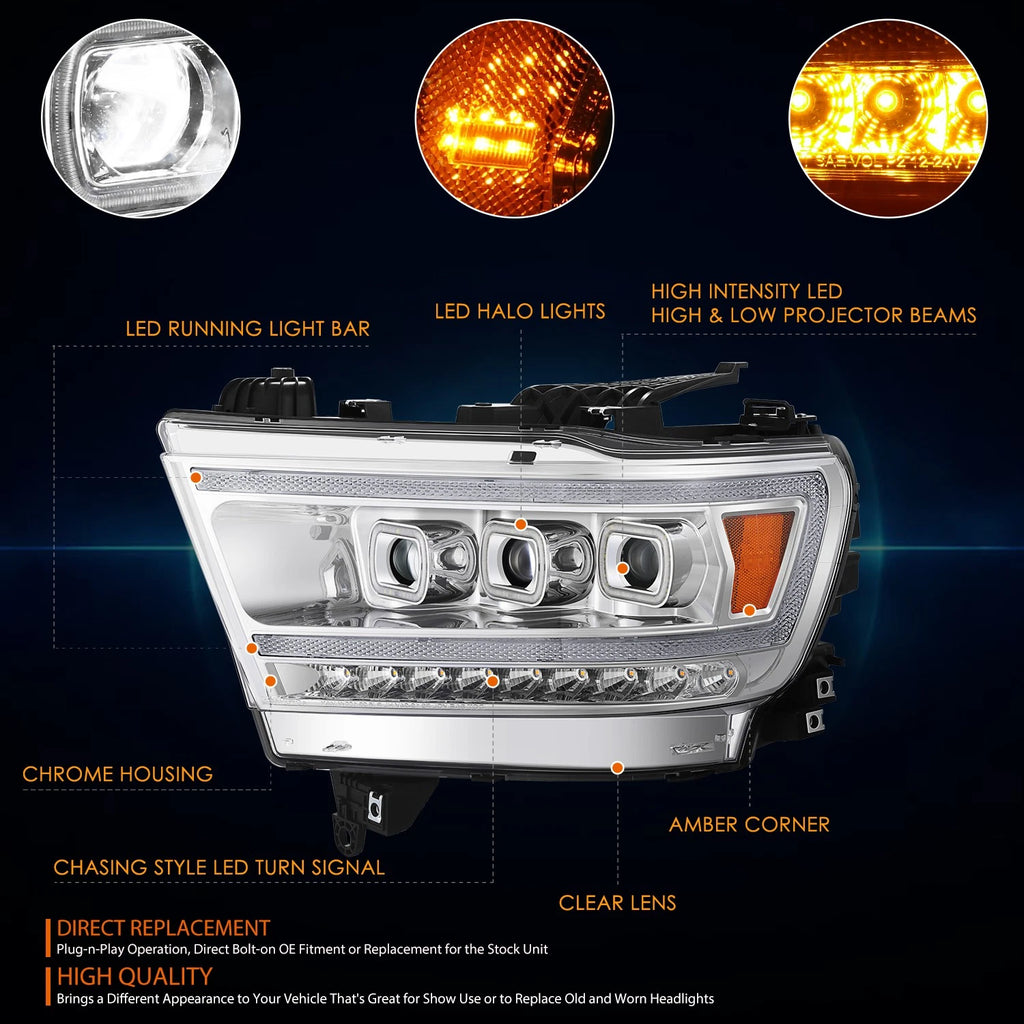 Full LED Sequential Signal Projector Headlights for Ram 1500 (2019–2024)