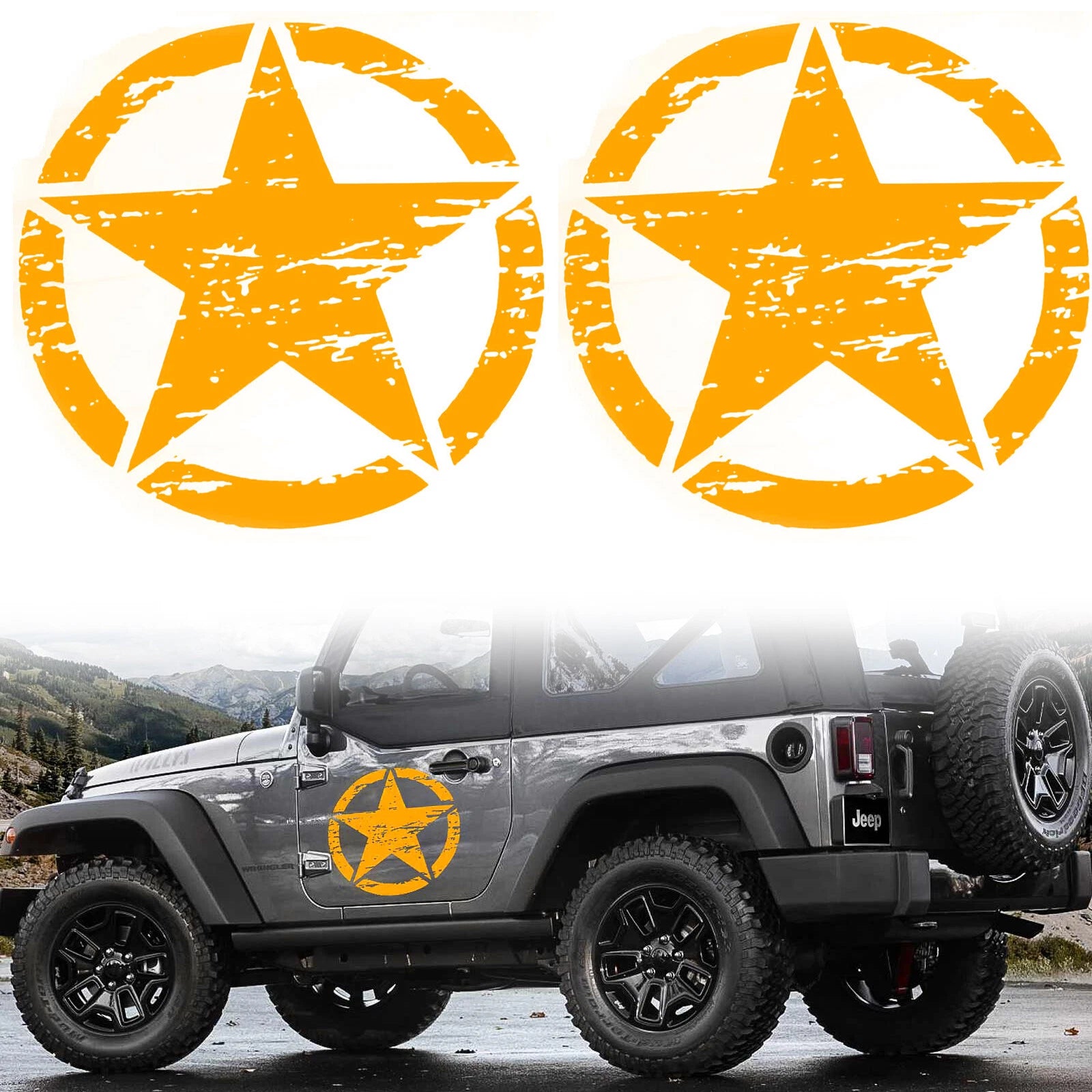 2Pcs Orange Distressed Army Star Vinyl Pre-Cut Hood Door Graphics for 2010–2020